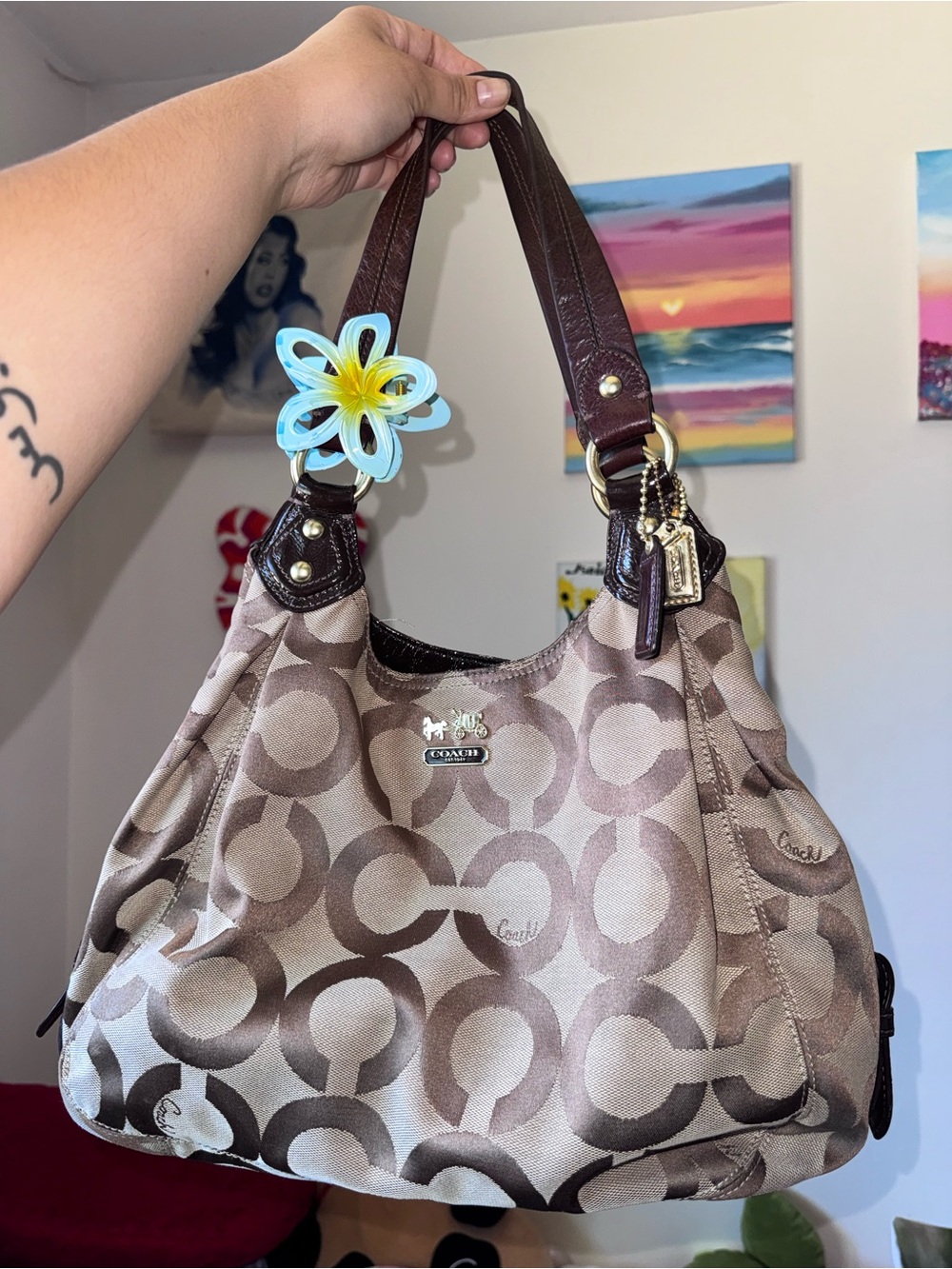 Coach Tan and Brown Signature Shoulder Bag